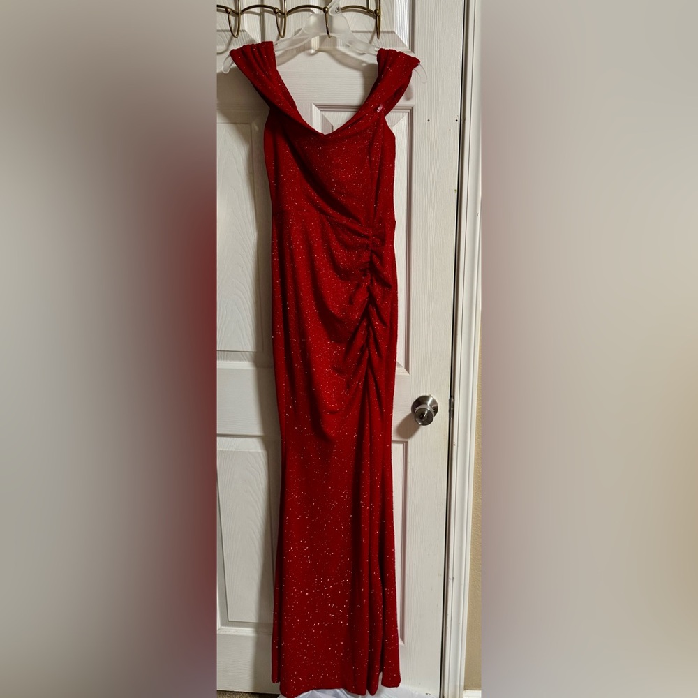 Windsor Red Glitter Ruched Dress with Slit above knee